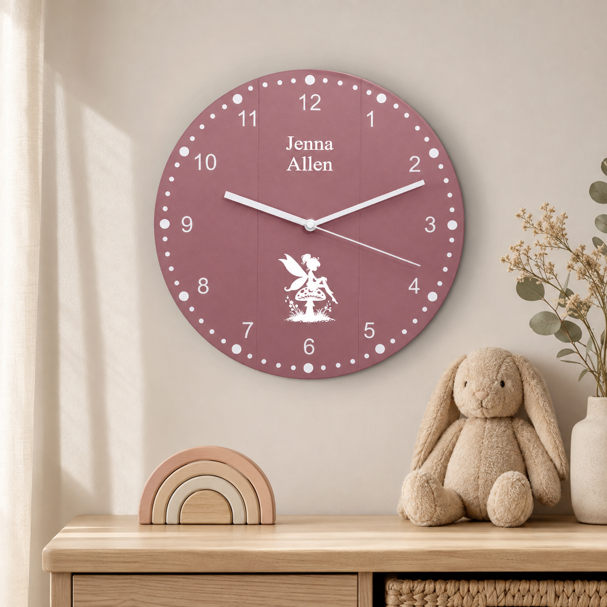 Personalised fairy clock displayed in a child’s bedroom