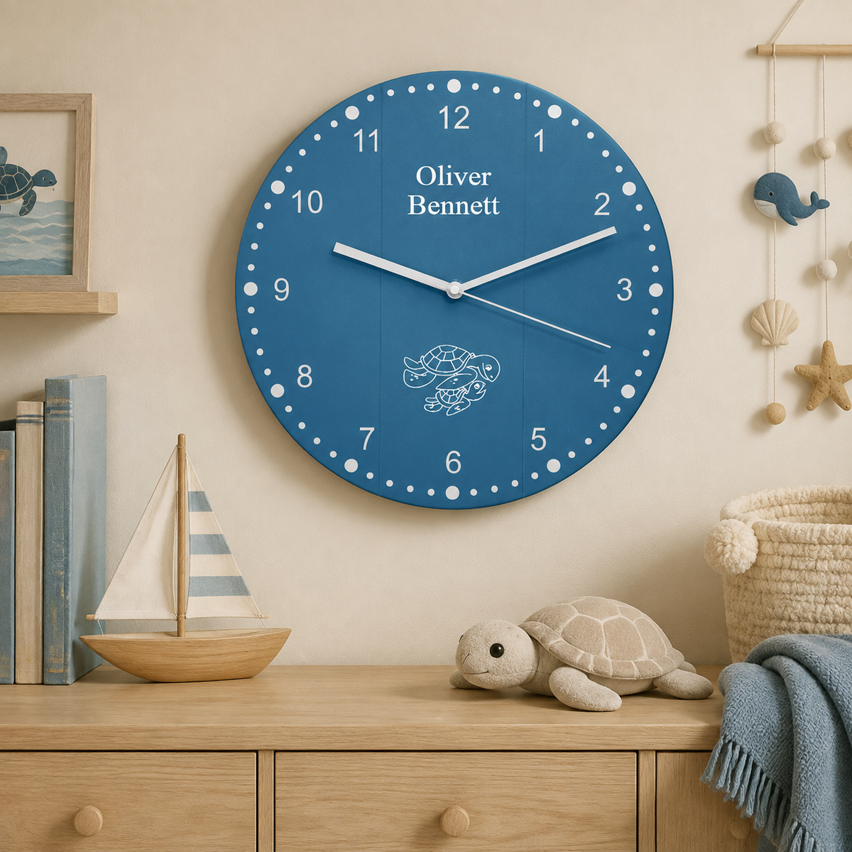 Personalised baby clock displayed in a peaceful nursery