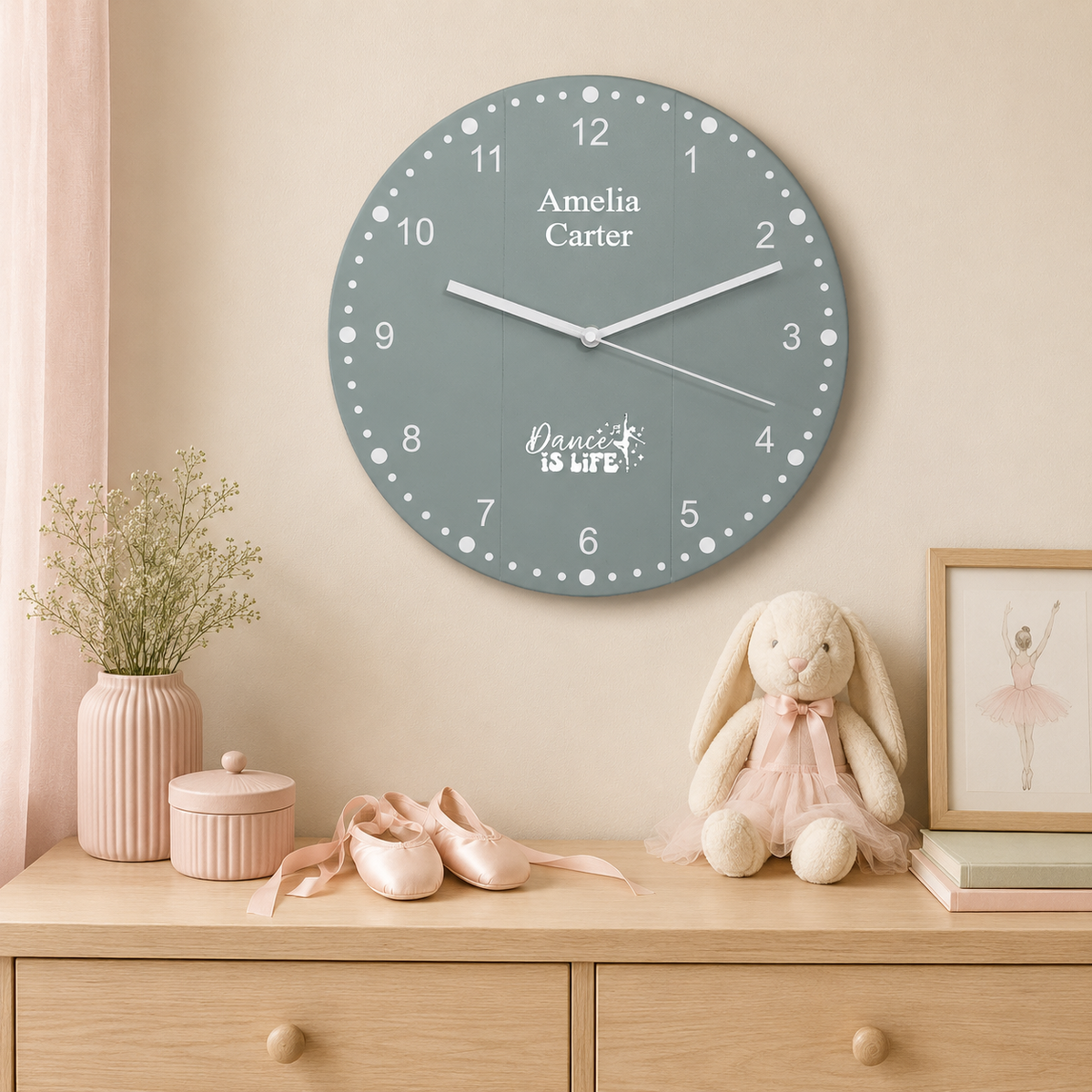 Personalised dance clock displayed in a child’s bedroom